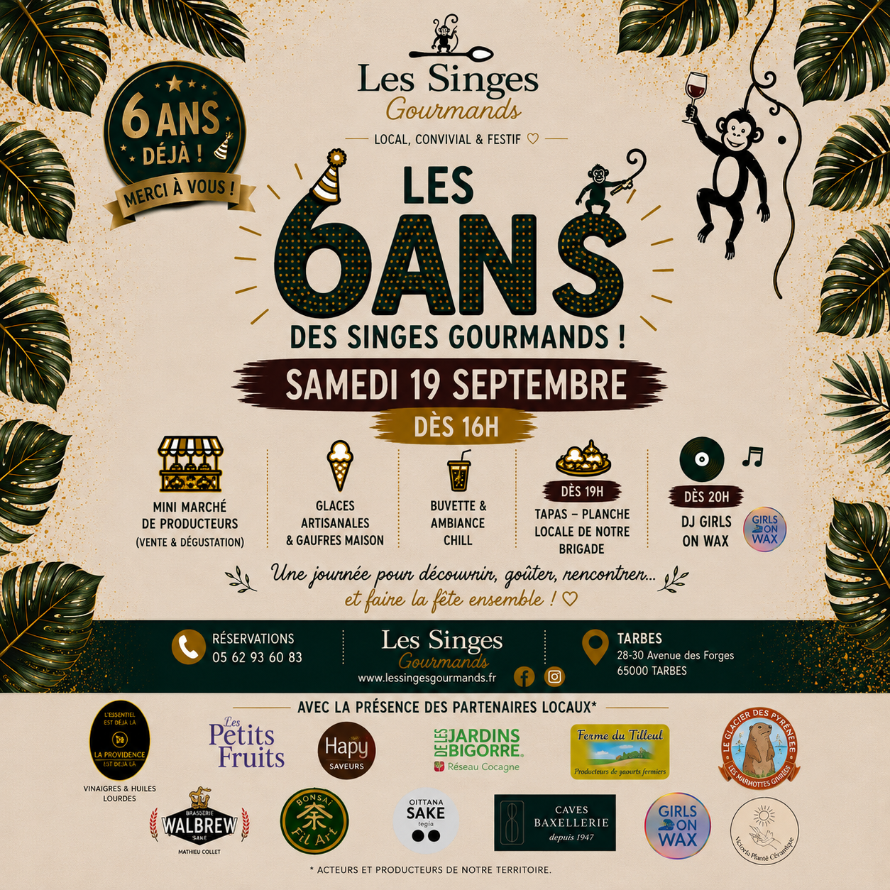 Affiche des 6 ans des Singes Gourmands : samedi 19 septembre, mini marché de producteurs, glaces artisanales, tapas, DJ Girls On Wax
